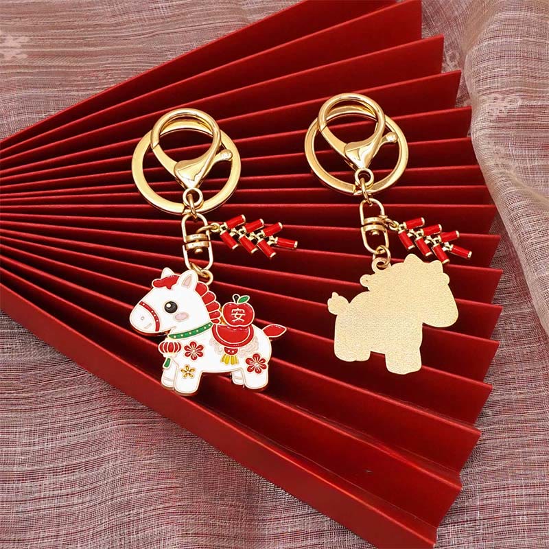 Buddha Stones "Hoping You Have a Joyful Year" Year of the Horse Ingot Red Firecrackers Alloy Key Chain Includes Gift Message Card - image 25