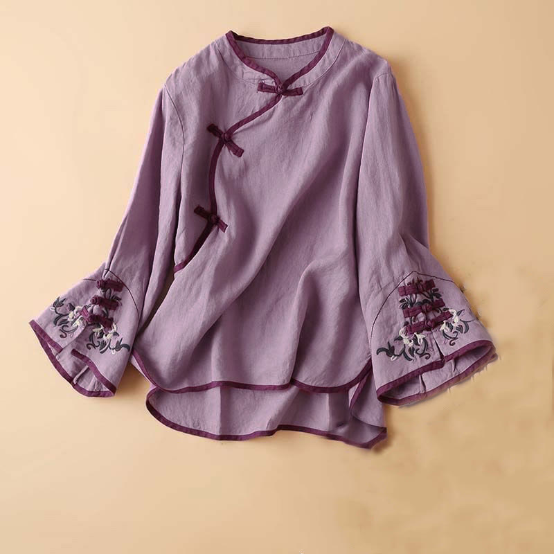 Buddha Stones Retro Flower Embroidery Design Long Sleeve Cotton Linen Women's Shirt - Violet - US14,UK/AU18,EU46 (4XL) - image 17