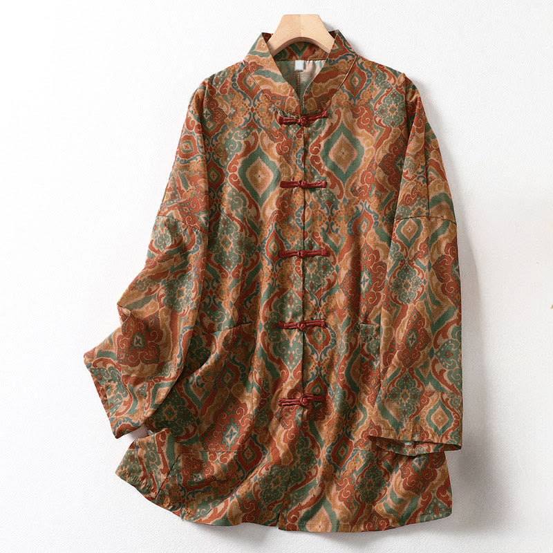 Buddha Stones Printing Chinese Frog-Button Long Sleeve Stand Collar Women's Shirt With Pockets - Peru - US12,UK/AU16,EU44 (XL) - image 0