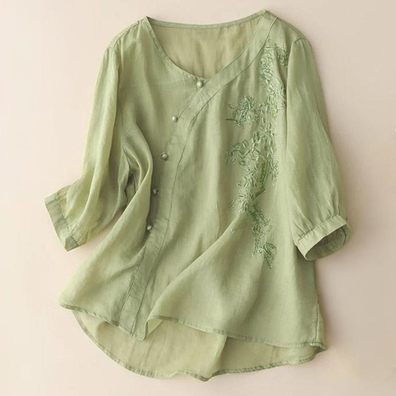 Buddha Stones Casual Loose Flower Embroidery Frog Button Short Sleeve Women's Shirt - YellowGreen - US14,UK/AU18,EU46 (4XL) - image 0