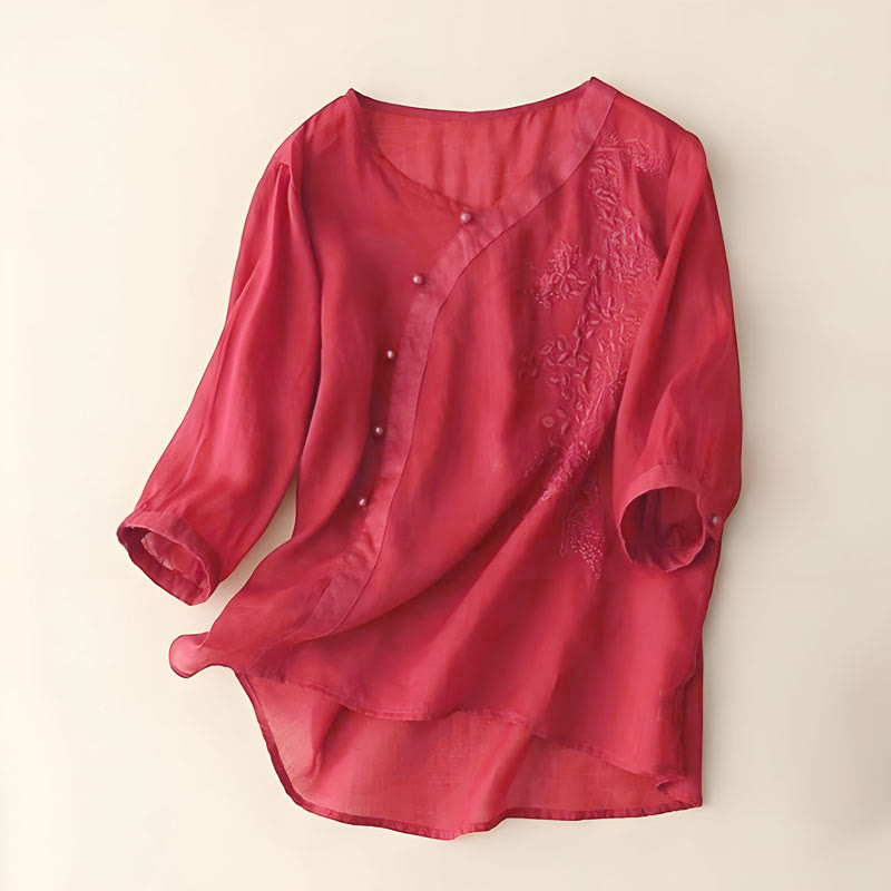 Buddha Stones Casual Loose Flower Embroidery Frog Button Short Sleeve Women's Shirt - FireBrick - US14,UK/AU18,EU46 (4XL) - image 4