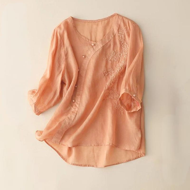 Buddha Stones Casual Loose Flower Embroidery Frog Button Short Sleeve Women's Shirt - LightSalmon - US14,UK/AU18,EU46 (4XL) - image 7