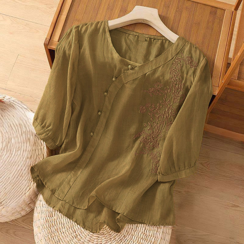 Buddha Stones Casual Loose Flower Embroidery Frog Button Short Sleeve Women's Shirt - image 6
