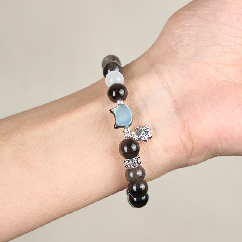 Buddha Stones Cat Head White Cat's Eye Silver Sheen Obsidian Positive Bracelet - image 12