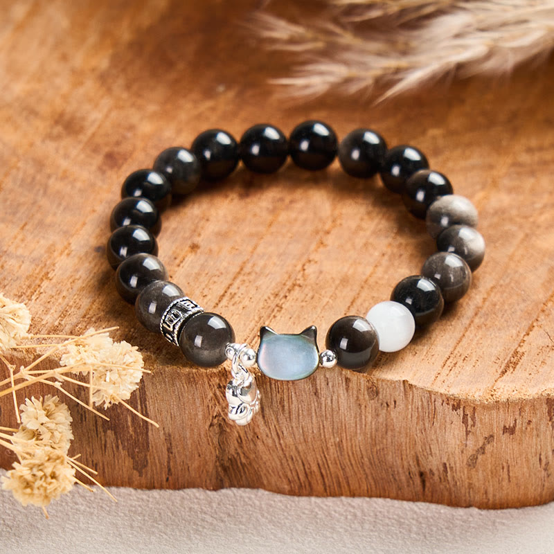 Buddha Stones Cat Head White Cat's Eye Silver Sheen Obsidian Positive Bracelet - image 10