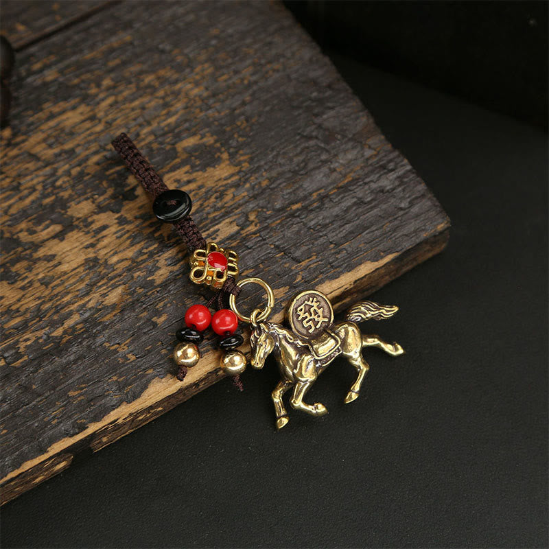 Buddha Stones Year Of The Horse Copper Brass Five-Emperor Coins PiXiu Luck Key Chain - Peach Blossom Horse - image 6