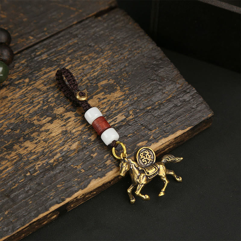 Buddha Stones Year Of The Horse Copper Brass Five-Emperor Coins PiXiu Luck Key Chain - White Bead Horse - image 9