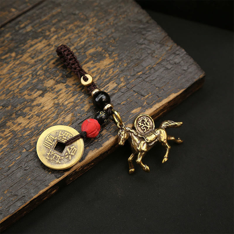Buddha Stones Year Of The Horse Copper Brass Five-Emperor Coins PiXiu Luck Key Chain - Red Black Bead Five-Emperor Coins Horse - image 10