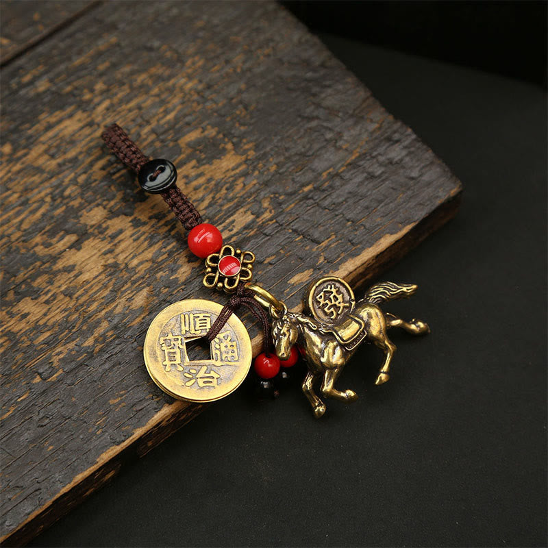 Buddha Stones Year Of The Horse Copper Brass Five-Emperor Coins PiXiu Luck Key Chain - Red Bead Peach Blossom Five-Emperor Coins Horse - image 11