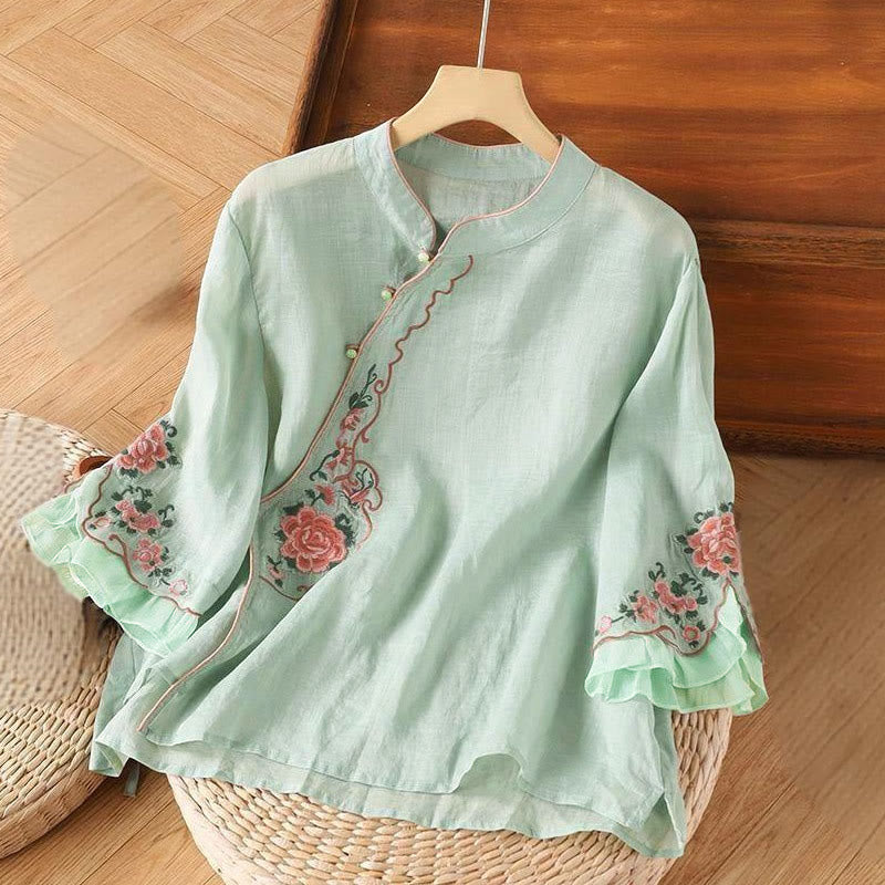 Buddha Stones Casual Loose Peony Embroidery Frog Button Three Quarter Sleeve Women's Shirt - PaleTurquoise - US14,UK/AU18,EU46 (4XL) - image 4