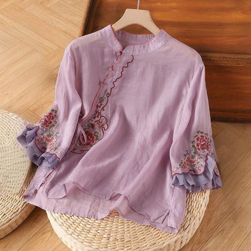 Buddha Stones Casual Loose Peony Embroidery Frog Button Three Quarter Sleeve Women's Shirt - Plum - US14,UK/AU18,EU46 (4XL) - image 3