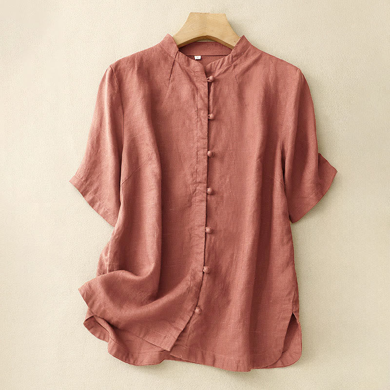 Buddha Stones Summer Women's Cotton Short Sleeve Stand Collar Side Slit Frog-Button Design Shirt - DarkSalmon - US8-10,UK/AU12-14,EU40-42 (2XL) - image 7