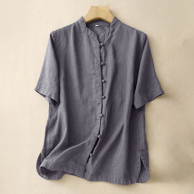 Buddha Stones Summer Women's Cotton Short Sleeve Stand Collar Side Slit Frog-Button Design Shirt - SlateGray - US8-10,UK/AU12-14,EU40-42 (2XL) - image 13