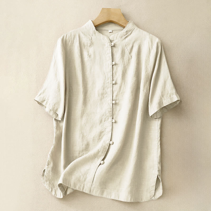 Buddha Stones Summer Women's Cotton Short Sleeve Stand Collar Side Slit Frog-Button Design Shirt - LightYellow - US8-10,UK/AU12-14,EU40-42 (2XL) - image 0