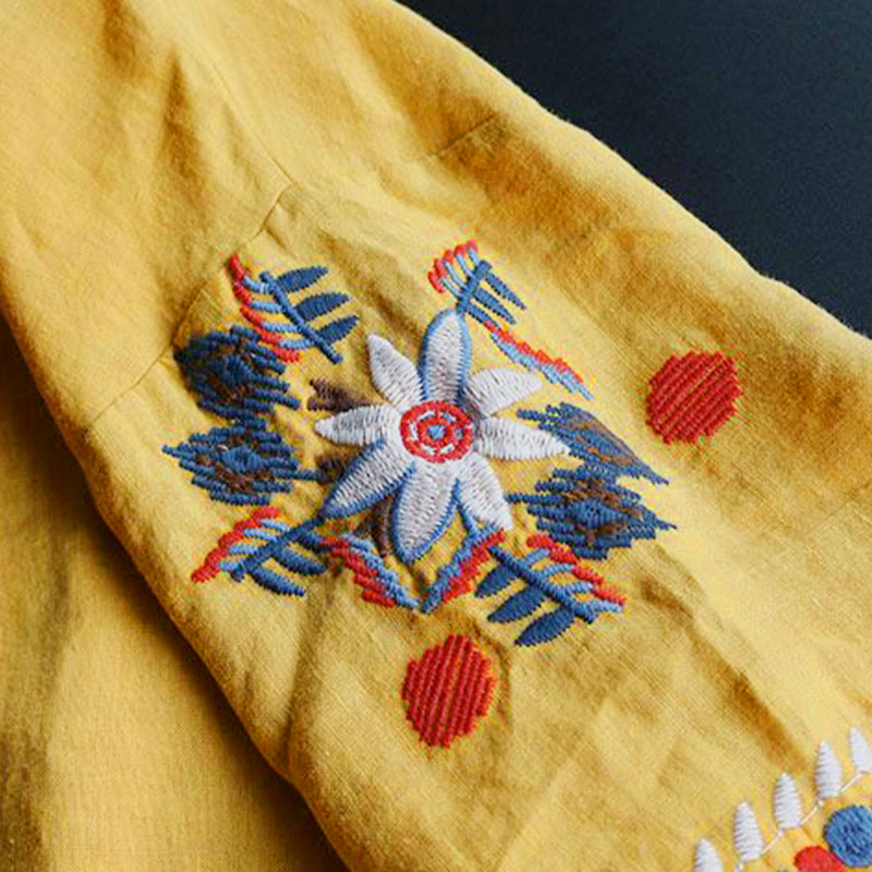Buddha Stones Retro Artistic Embroidery Floral Pattern Crew Neck Women's Cotton Linen Short Sleeve T-Shirt - image 16