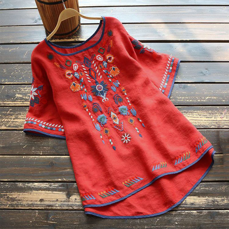 Buddha Stones Retro Artistic Embroidery Floral Pattern Crew Neck Women's Cotton Linen Short Sleeve T-Shirt - Red - US14,UK/AU18,EU46 (4XL) - image 8