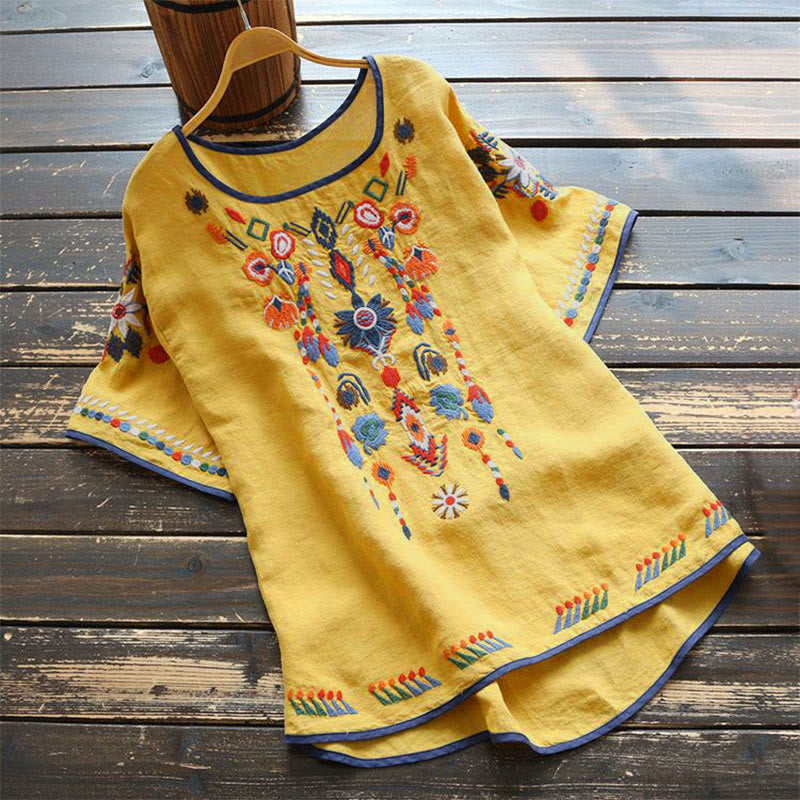 Buddha Stones Retro Artistic Embroidery Floral Pattern Crew Neck Women's Cotton Linen Short Sleeve T-Shirt - Yellow - US14,UK/AU18,EU46 (4XL) - image 14
