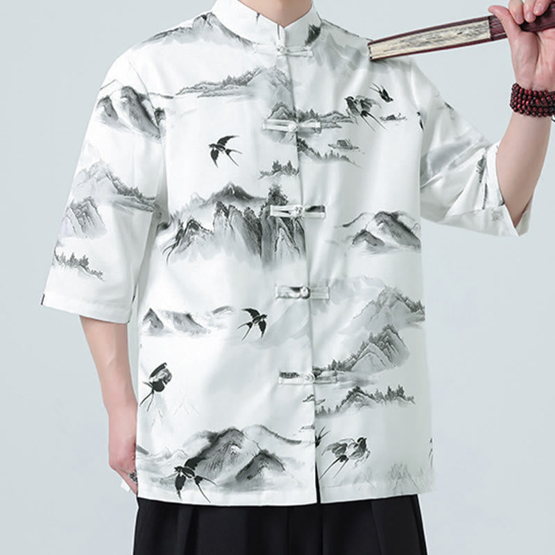 Buddha Stones Printing Chinese Ink Landscape Pattern Men's Frog-button Half Sleeve Shirts - Swallow&Mountain Pattern - US/UK/AU46,EU56 (5XL) - image 0