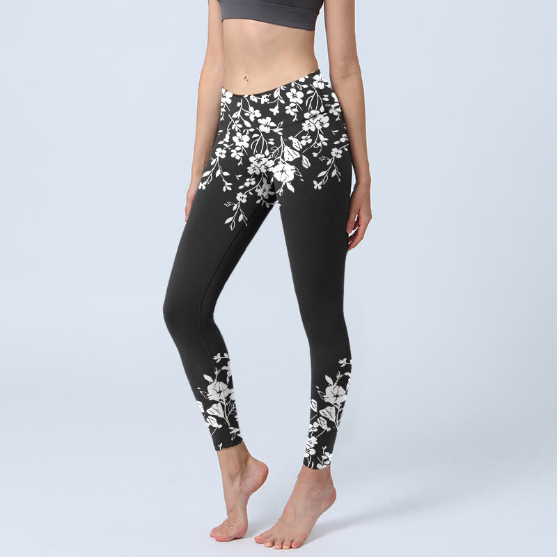 Buddha Stones Gorgeous Minimalist Style Flower Pattern Print Gym Leggings Women's Yoga Pants - Black - US18,UK/AU22,EU50 (4XL) - image 0