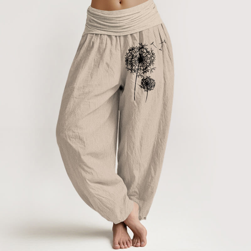 Buddha Stones Pure Cotton Minimalist Style Dandelion Pattern Women's Elastic Waist Harem Pants - Tan - US16,UK/AU20,EU48 (3XL) - image 0