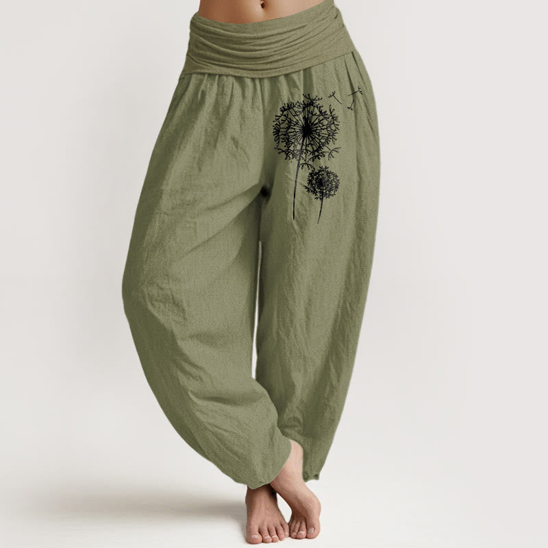 Buddha Stones Pure Cotton Minimalist Style Dandelion Pattern Women's Elastic Waist Harem Pants - OliveDrab - US16,UK/AU20,EU48 (3XL) - image 14