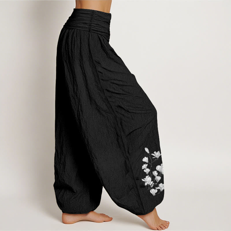 Buddha Stones Pure Cotton Minimalist Style Magnolia Flower Pattern Women's Elastic Waist Harem Pants - image 2