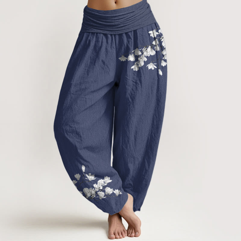 Buddha Stones Pure Cotton Minimalist Style Magnolia Flower Pattern Women's Elastic Waist Harem Pants - DarkSlateBlue - US16,UK/AU20,EU48 (3XL) - image 5