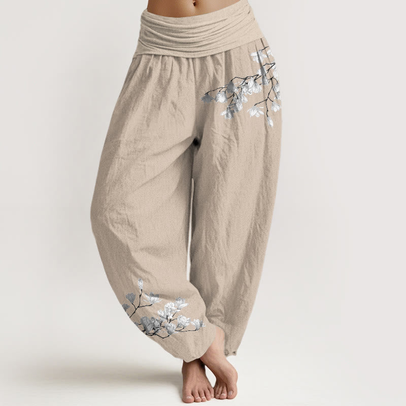 Buddha Stones Pure Cotton Minimalist Style Magnolia Flower Pattern Women's Elastic Waist Harem Pants - Tan - US16,UK/AU20,EU48 (3XL) - image 11