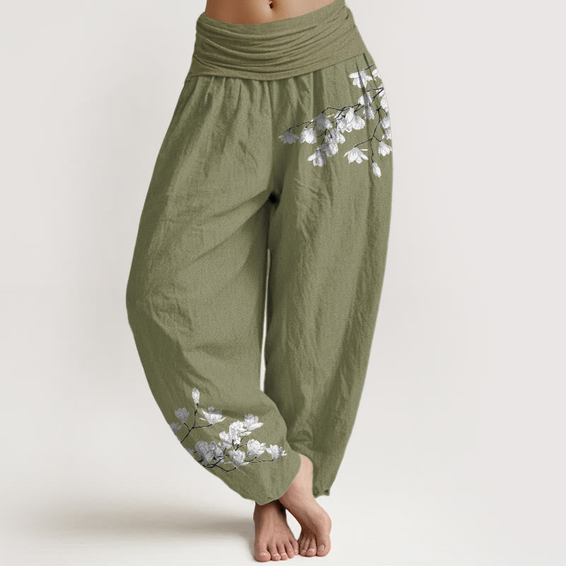 Buddha Stones Pure Cotton Minimalist Style Magnolia Flower Pattern Women's Elastic Waist Harem Pants - OliveDrab - US16,UK/AU20,EU48 (3XL) - image 14