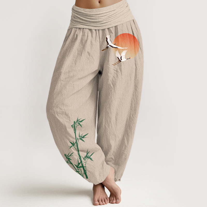 Buddha Stones Pure Cotton Elegant Sun Crane Bamboo Pattern Women's Elastic Waist Harem Pants - Tan - US16,UK/AU20,EU48 (3XL) - image 0