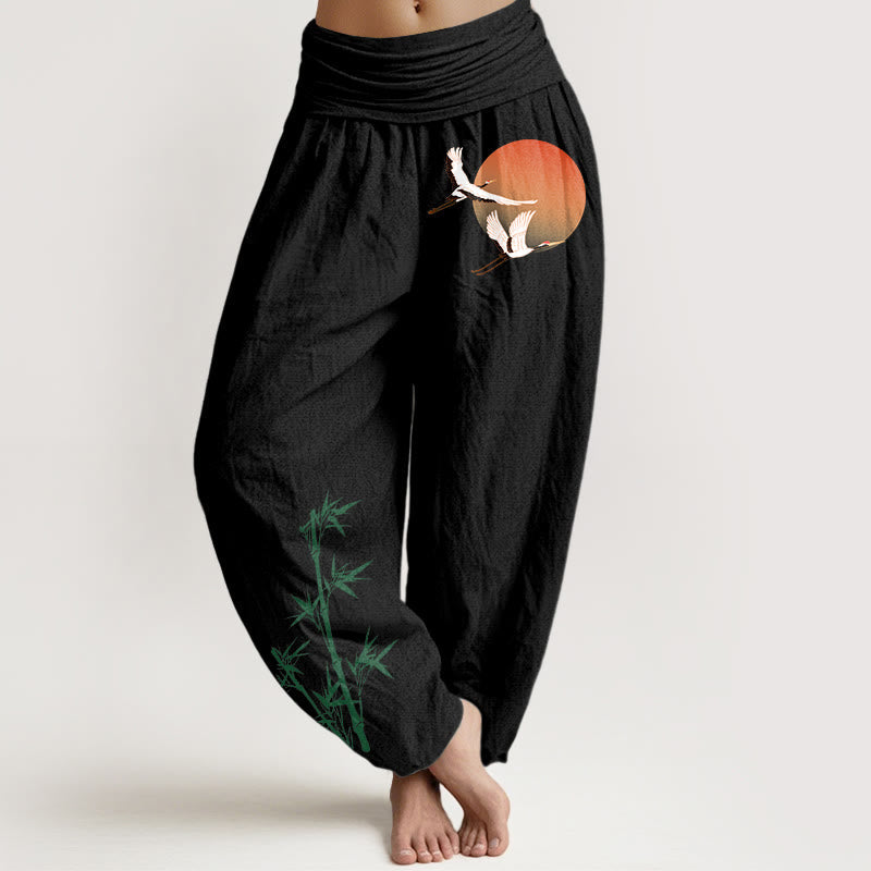 Buddha Stones Pure Cotton Elegant Sun Crane Bamboo Pattern Women's Elastic Waist Harem Pants - Black - US16,UK/AU20,EU48 (3XL) - image 5