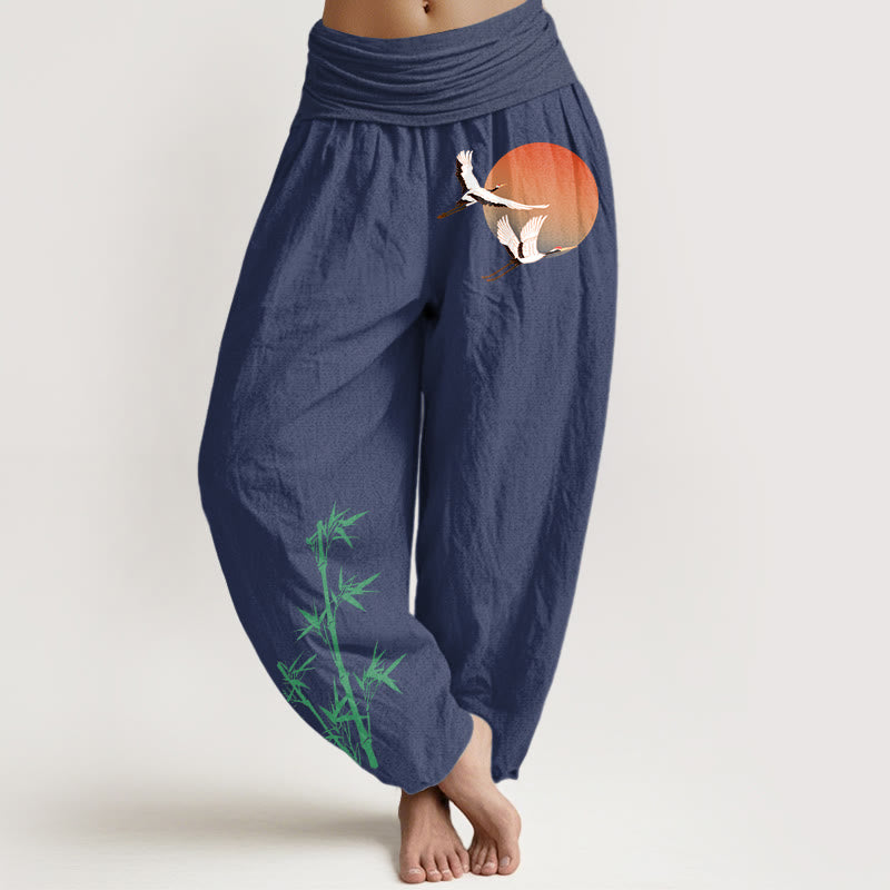 Buddha Stones Pure Cotton Elegant Sun Crane Bamboo Pattern Women's Elastic Waist Harem Pants - DarkSlateBlue - US16,UK/AU20,EU48 (3XL) - image 8