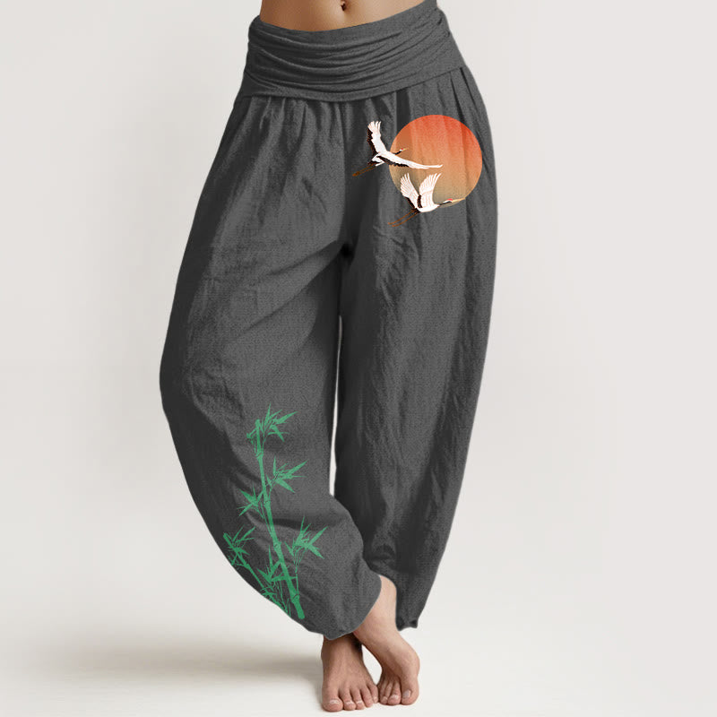 Buddha Stones Pure Cotton Elegant Sun Crane Bamboo Pattern Women's Elastic Waist Harem Pants - DimGray - US16,UK/AU20,EU48 (3XL) - image 11