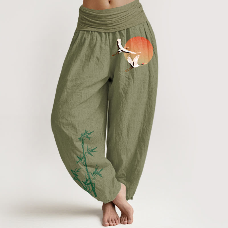 Buddha Stones Pure Cotton Elegant Sun Crane Bamboo Pattern Women's Elastic Waist Harem Pants - OliveDrab - US16,UK/AU20,EU48 (3XL) - image 14