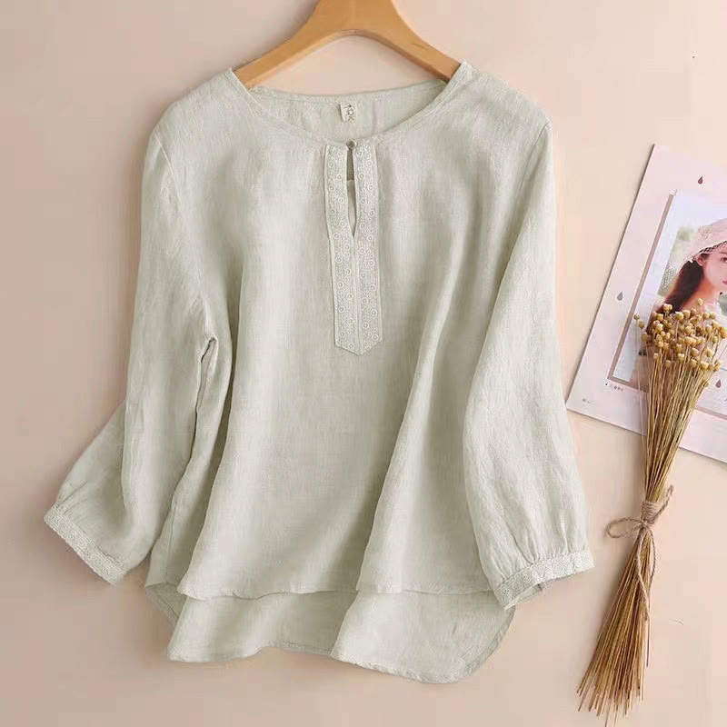 Buddha Stones Casual Plain Women's Hollow Crew Neck Design Three Quarter Sleeve Shirt - Linen - US8-10,UK/AU12-14,EU40-42 (2XL) - image 9