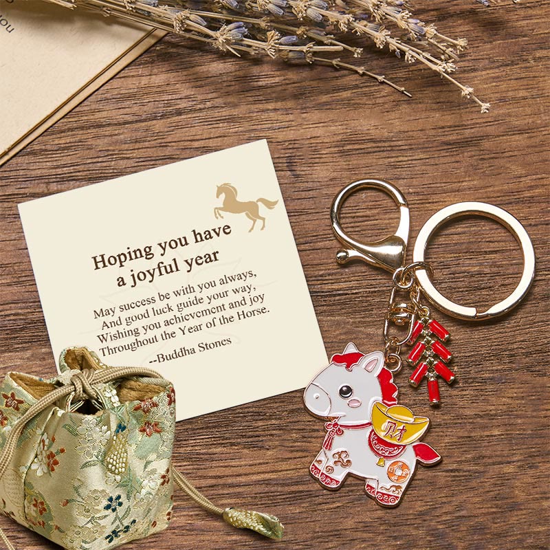 Buddha Stones "Hoping You Have a Joyful Year" Year of the Horse Ingot Red Firecrackers Alloy Key Chain Includes Gift Message Card - Year of the Horse Wealth - Deluxe Gift Bag (+$9.59) - image 8