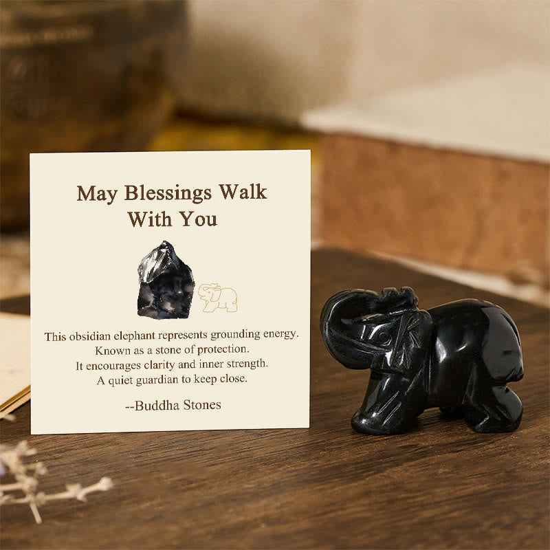 Buddha Stones ''May Blessings Walk With You'' Natural Small Elephant Amazonite Amethyst Jade Black Obsidian Stone Decoration Includes Gift Message Card - Black Obsidian 5*3.9*2.5cm - Standard Gift Box - image 29
