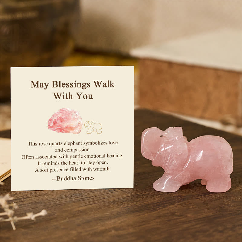 Buddha Stones ''May Blessings Walk With You'' Natural Small Elephant Amazonite Amethyst Jade Black Obsidian Stone Decoration Includes Gift Message Card - Rose Quartz 5*3.9*2.5cm - Standard Gift Box - image 38