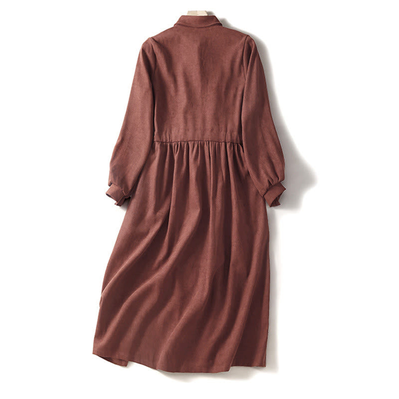 Buddha Stones Fall Solid Color Buttons Down Lace-up Design Long Sleeve Midi Dress With Pockets - image 1