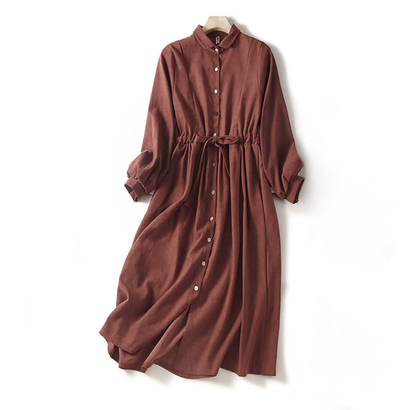 Buddha Stones Fall Solid Color Buttons Down Lace-up Design Long Sleeve Midi Dress With Pockets - SaddleBrown - US12,UK/AU16,EU44 (2XL) - image 0