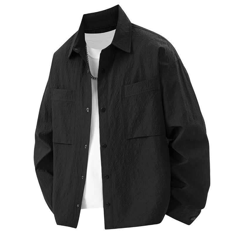 Buddha Stones Spring Solid Color Textured Long Sleeve Button Men's Lapel Shirts With Pocket - Black - US/UK/AU46,EU56 (3XL) - image 1