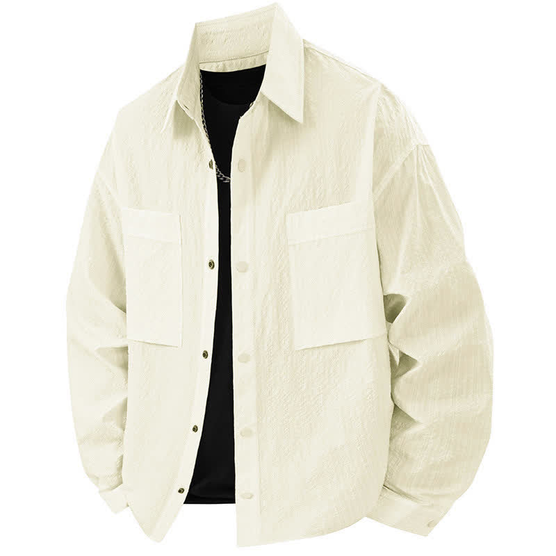 Buddha Stones Spring Solid Color Textured Long Sleeve Button Men's Lapel Shirts With Pocket - LightYellow - US/UK/AU46,EU56 (3XL) - image 11