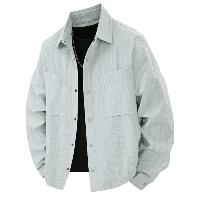 Buddha Stones Spring Solid Color Textured Long Sleeve Button Men's Lapel Shirts With Pocket - Azure - US/UK/AU46,EU56 (3XL) - image 9