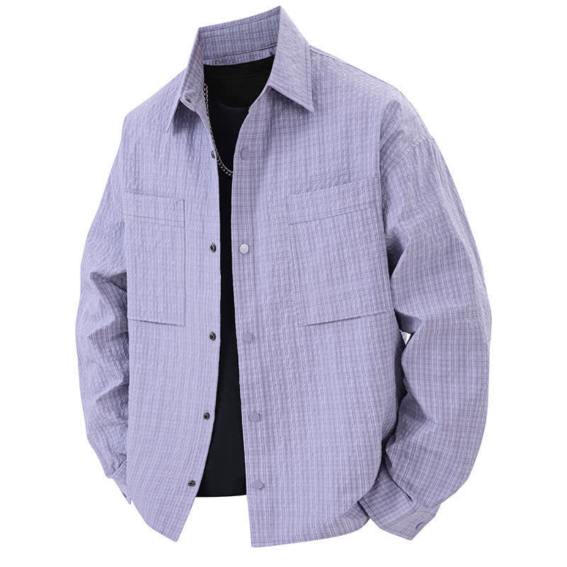 Buddha Stones Spring Solid Color Textured Long Sleeve Button Men's Lapel Shirts With Pocket - MediumPurple - US/UK/AU46,EU56 (3XL) - image 12