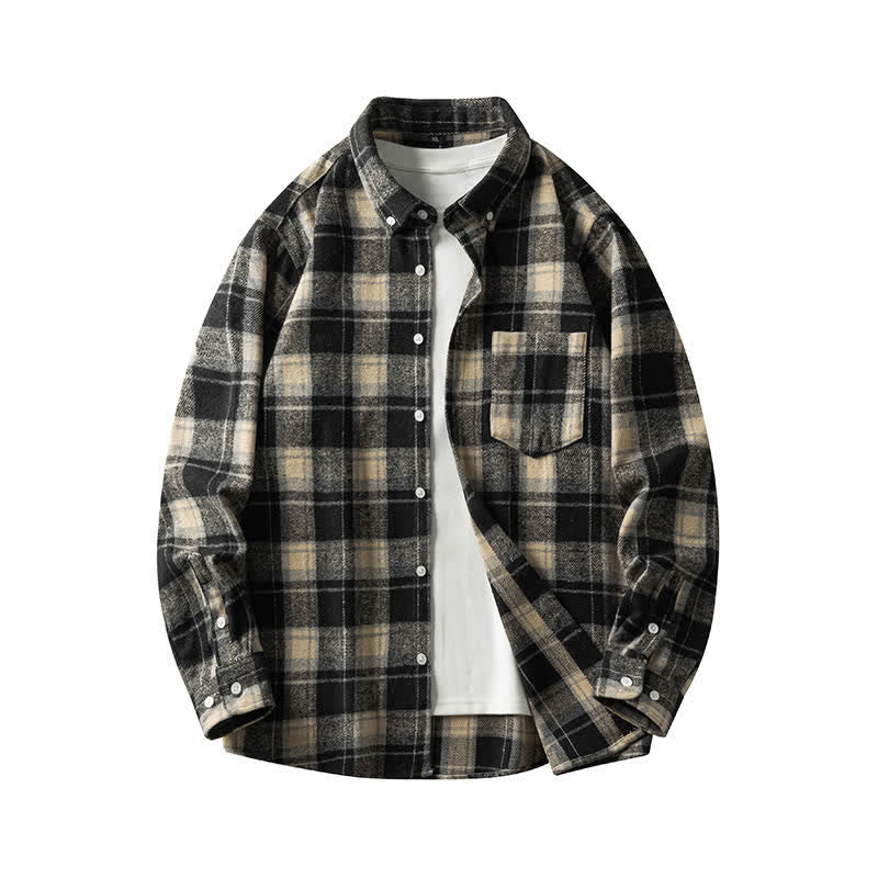 Buddha Stones Commute Multicolor Plaid Button Men's Cotton Long Sleeve Shirts With Pocket - Black LightYellow Plaid - US/UK/AU48,EU58 (7XL) - image 10