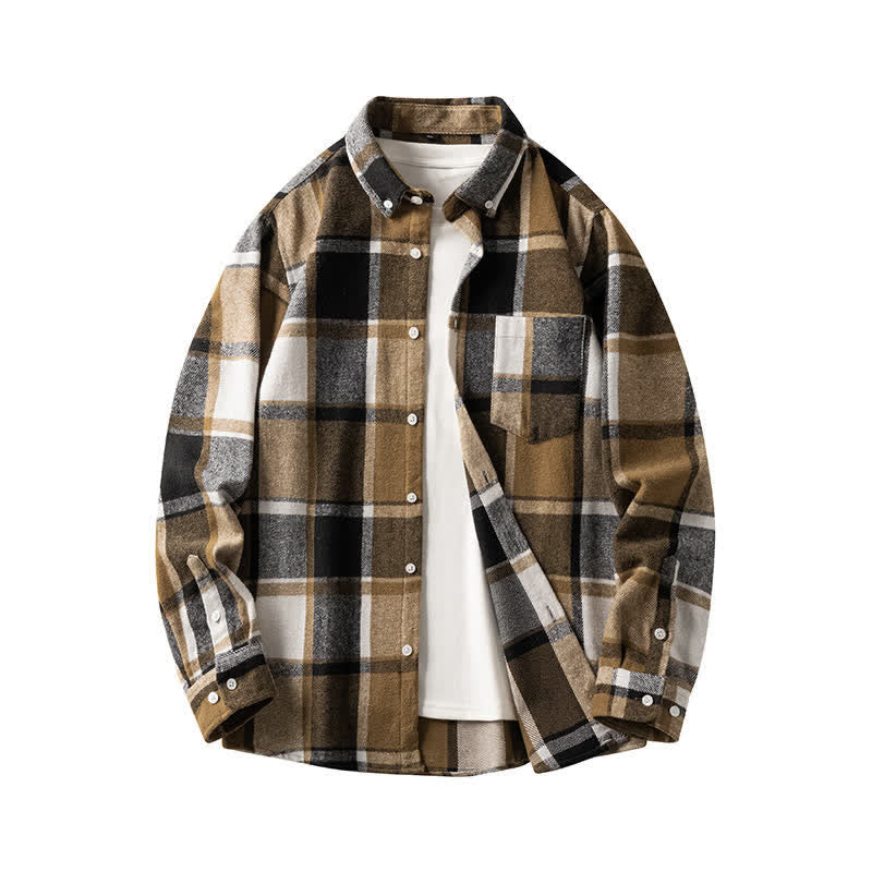 Buddha Stones Commute Multicolor Plaid Button Men's Cotton Long Sleeve Shirts With Pocket - DarkGoldenrod Black Plaid - US/UK/AU48,EU58 (7XL) - image 3