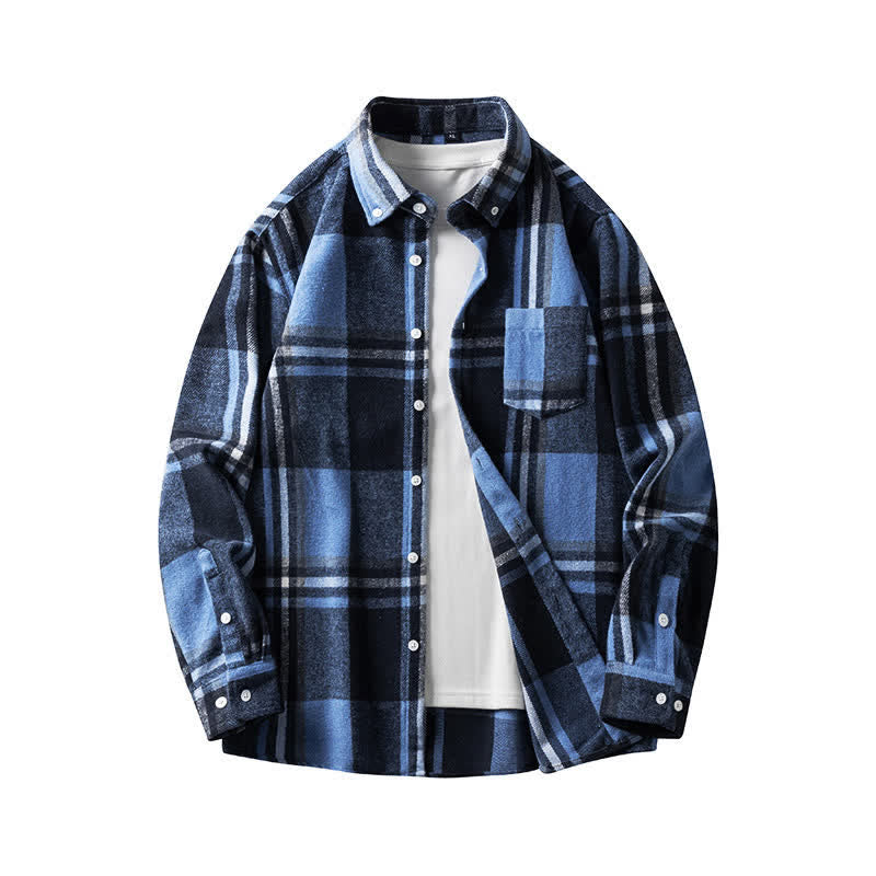 Buddha Stones Commute Multicolor Plaid Button Men's Cotton Long Sleeve Shirts With Pocket - LightSkyBlue MidnightBlue Plaid - US/UK/AU48,EU58 (7XL) - image 5