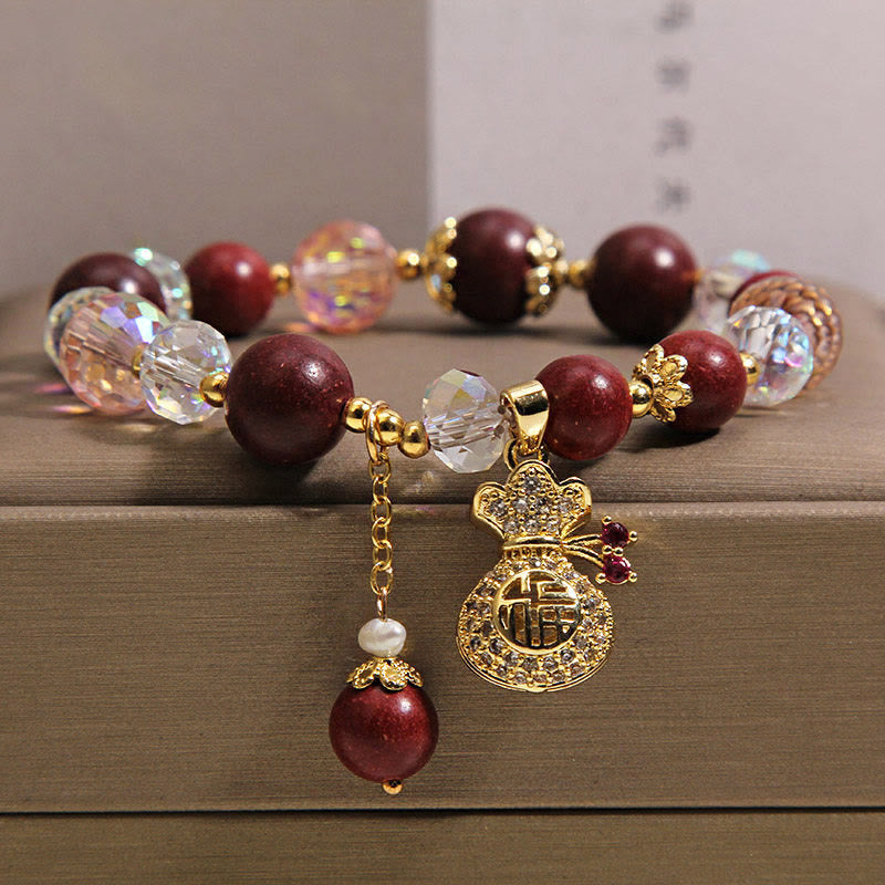 Buddha Stones Sandalwood Fu Character Lucky Fortune Money Bag Charm Protection Bracelet - Fu Character(Wrist Circumference 14-16cm) - image 0