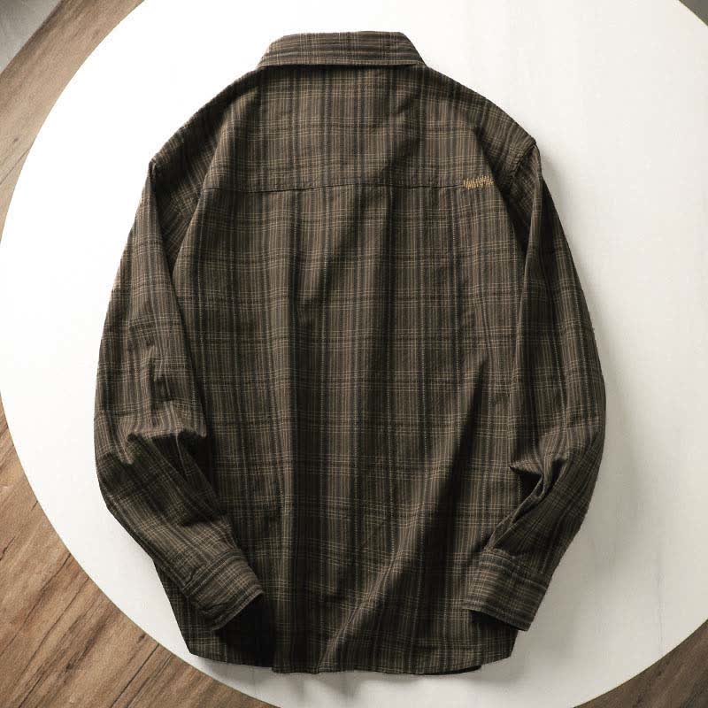 Buddha Stones Fall Commute Embroidery Plaid Pattern Men's Cotton Long Sleeve Shirts With Pocket - image 3