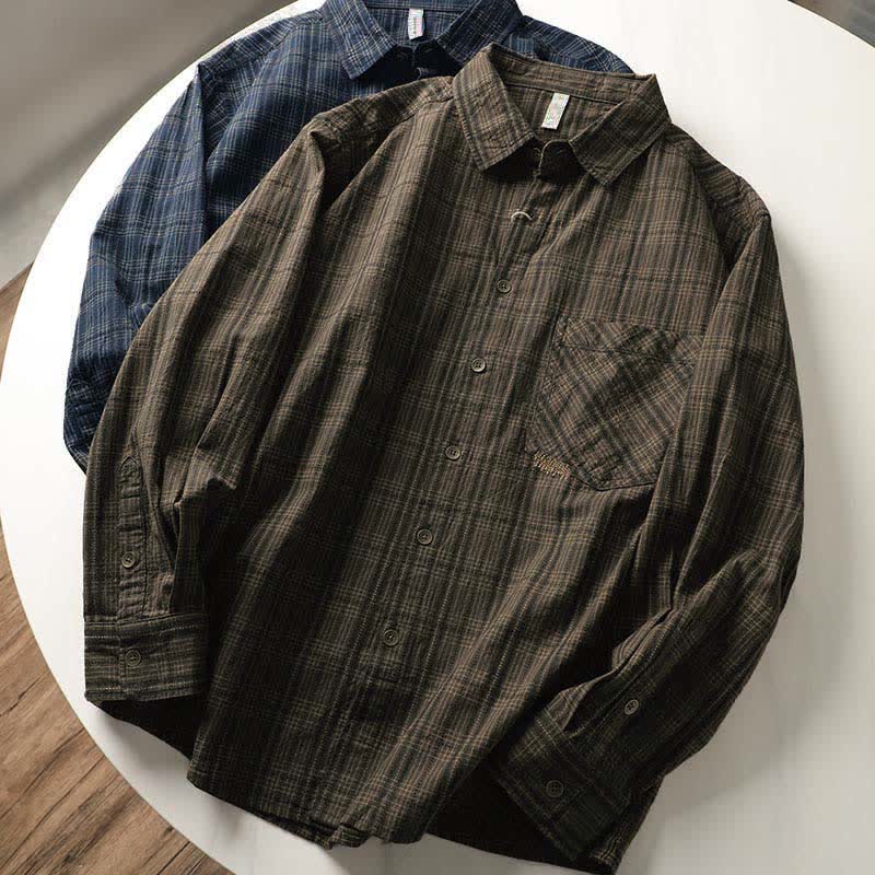 Buddha Stones Fall Commute Embroidery Plaid Pattern Men's Cotton Long Sleeve Shirts With Pocket - image 17